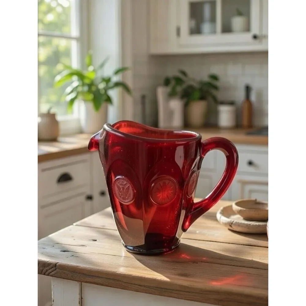 Fostoria Ruby Red Coin Dot Ice Lip Glass Pitcher Vintage Red 6” High 6” Width